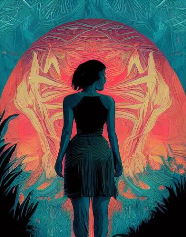 A woman that is standing near a monster