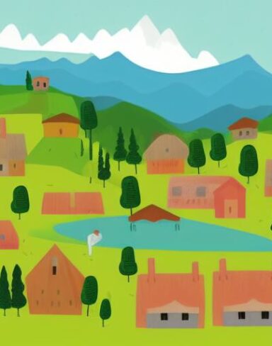 An illustration of a village with mountains and houses