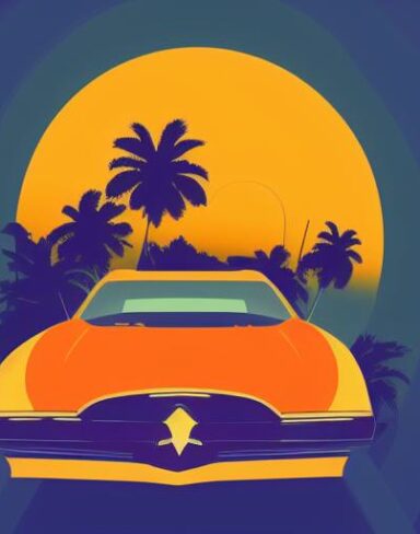 An orange car with several palm trees