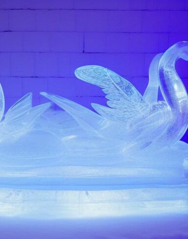 An tranquil ice sculpture of two glowing ice-made swans on a wave