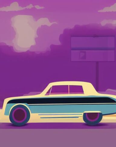 Art of a retro car is parked in front of a restaurant