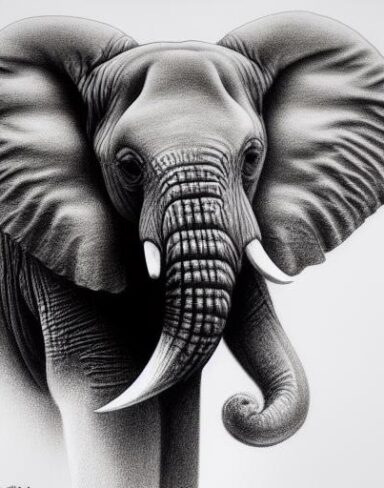 Black and white art drawing of an elephant