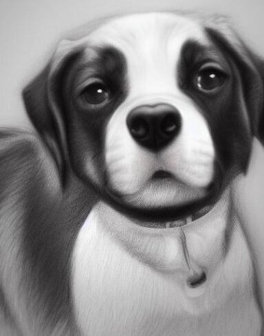 Black and white charcoal drawing of the puppy