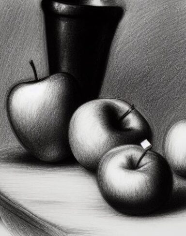 Black and white pencil drawing of a vase and apples on a table