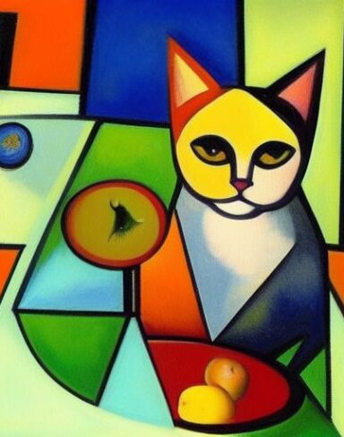 Cubism painting of a beautiful cat sitting at a table with fruit trees