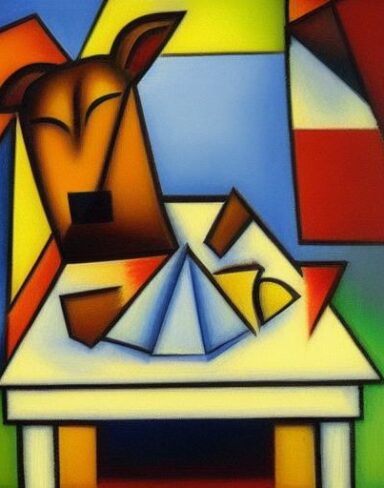 Cubism painting of a beautiful dog sitting at a table with fruit trees