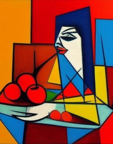 Cubism painting of a beautiful woman sitting at a table with fruit tress