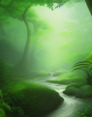 Curve stream running through a green forest