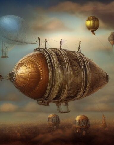 Detail steampunk art of a mechanical airship flying in the sky
