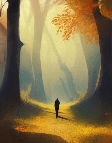 Digital art of a person walking through a forest