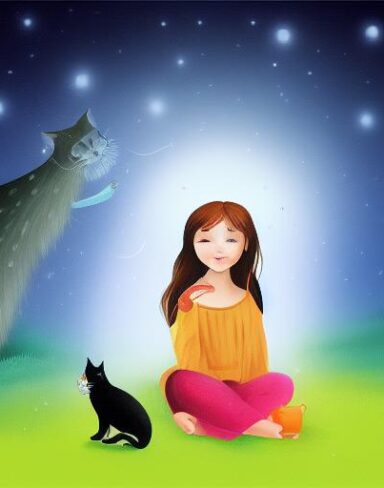 Girl sitting next to a cat