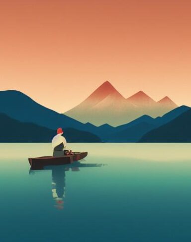 Man on the boat on lake with mountains in the background