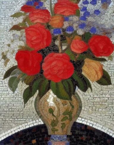 Mosaic of roses in the vase inspired by Mikhail Vrubel