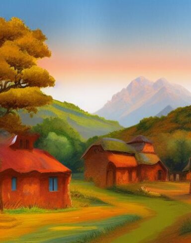 Painting of a small village in the mountains