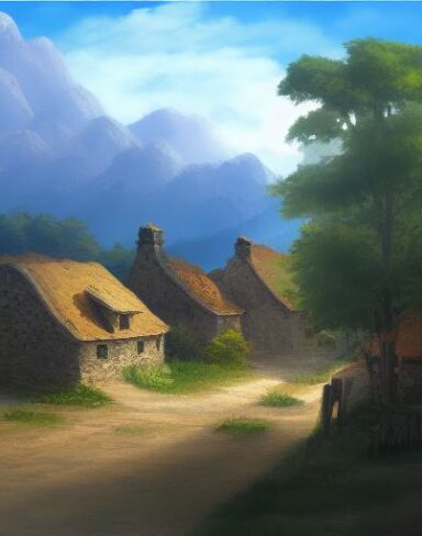 Painting of a small village in the mountains