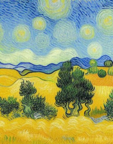 Painting of a wheatfield with different cypress trees