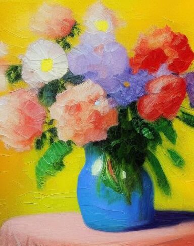 Painting of beautiful flowers in a vase on a table