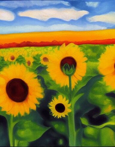 Painting of sunflowers in a the field