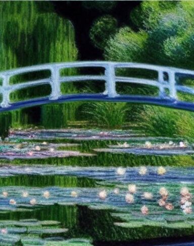 Painting of water lilies in a pond of water