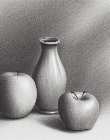 Pencil drawing of a vase and apple on table
