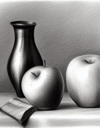 Pencil drawing of the vase and apples on a table
