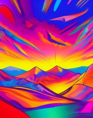 Psychedelic art of colorful landscape with mountains
