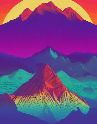 Psychedelic art poster with mountains in the background