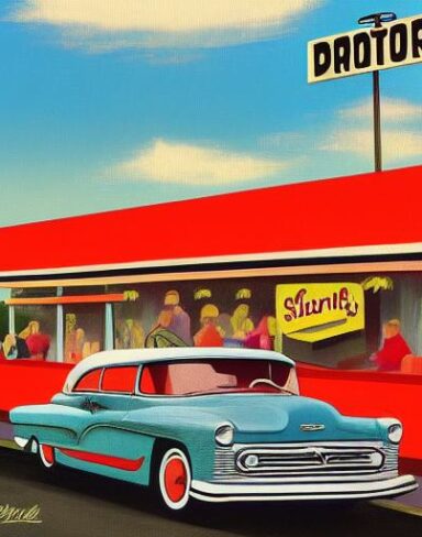 Retro painting of a car parked in front of a starlite diner