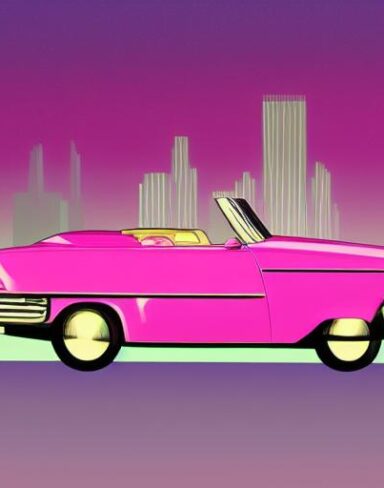 Retro pink car driving down the street at night