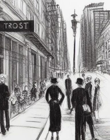 The art painting of people walking down a city street