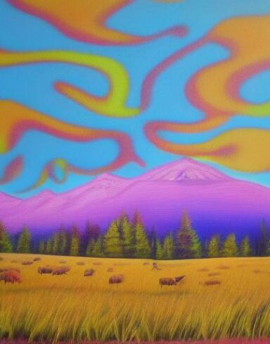 The art painting of some animals in the field