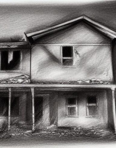 The black and white charcoal drawing of a house