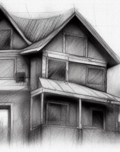 The black and white charcoal drawing of a house