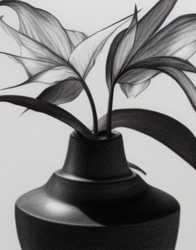 The black and white drawing of a plant in a vase