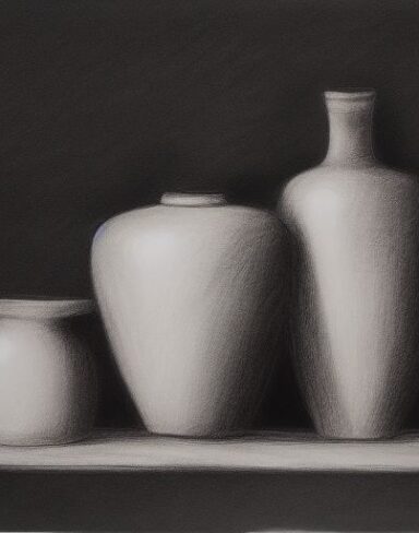The black and white drawing of two vases and a bottle