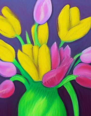 The painting of pink flowers in a vase