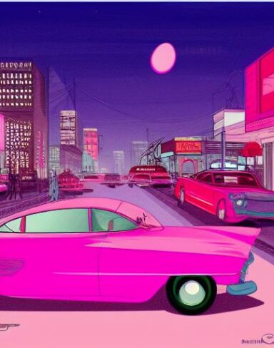 The pink car driving dalong a street at night
