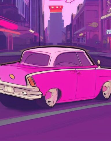 The pink car driving down a street at night