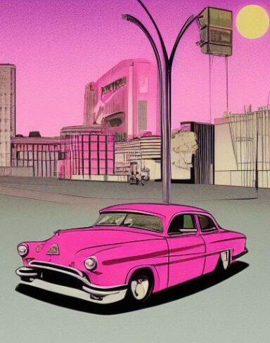The pink car driving down along street at night