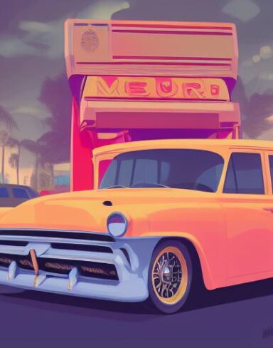 The retro car is parked in front of a restaurant