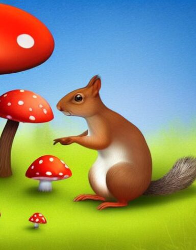 The squirrels near a mushroom