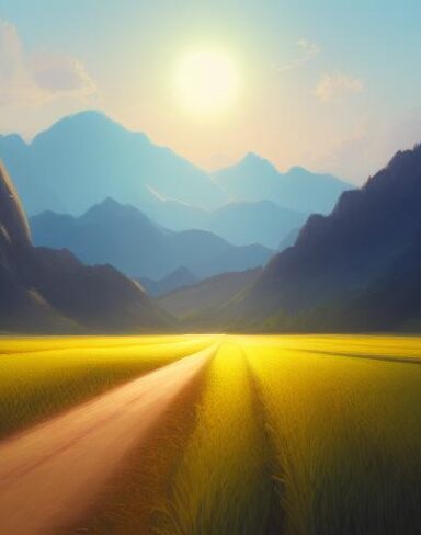 With dim sunlight a painting of a corn field with mountains in the background