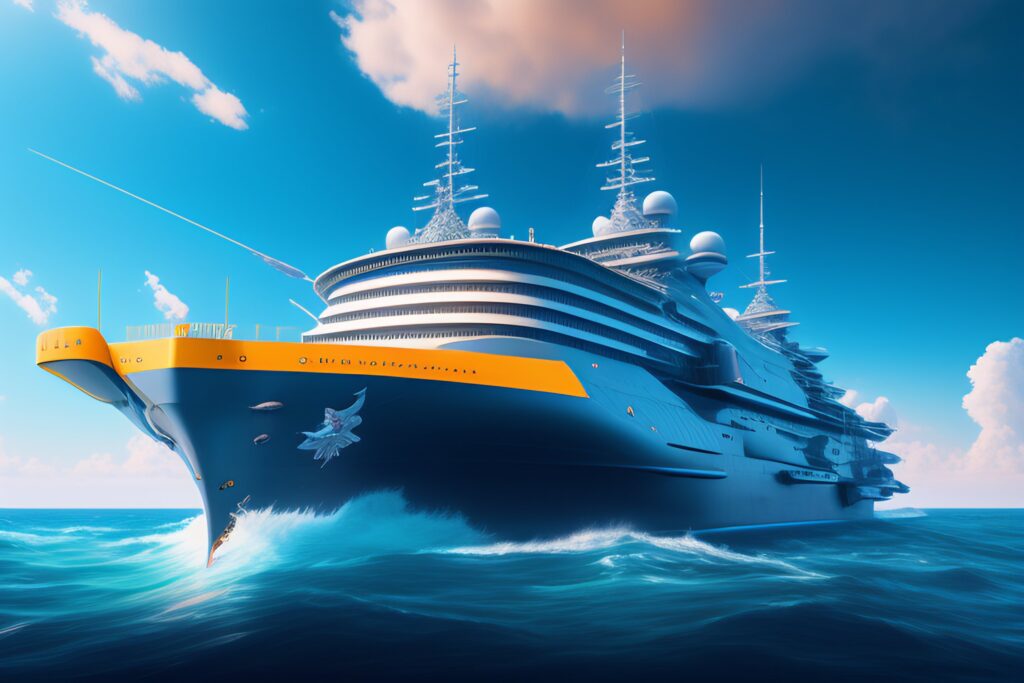 highly detailed, futuristic battle ship on sea, realistic painting, clear blue sky, intricate details, 4k