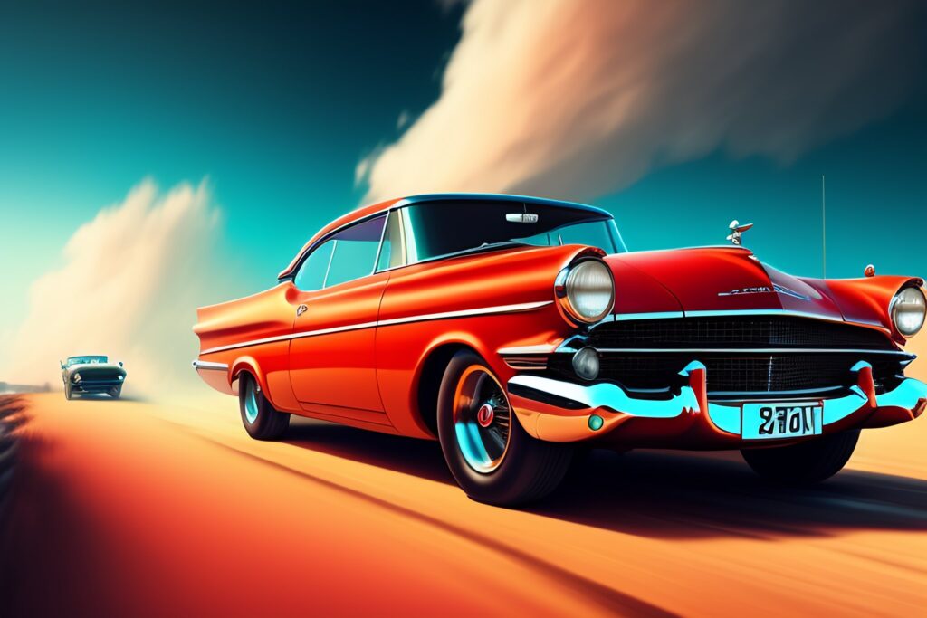 A digital illustration of a classic car on the road, 4k, detailed, fantasy vivid colors A digital illustration of a classic car on the road, 4k, detailed, fantasy vivid colors