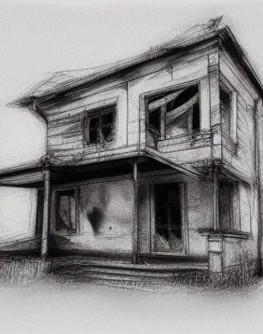 A black and white drawing of a house