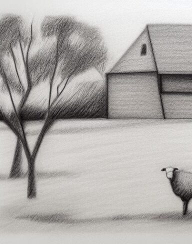 A black and white drawing of sheep and few trees with small house
