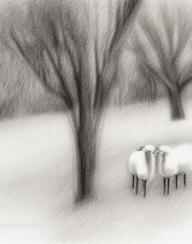 A black and white drawing of sheep and some trees