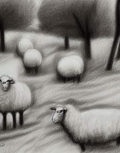 A black and white drawing of sheep and trees