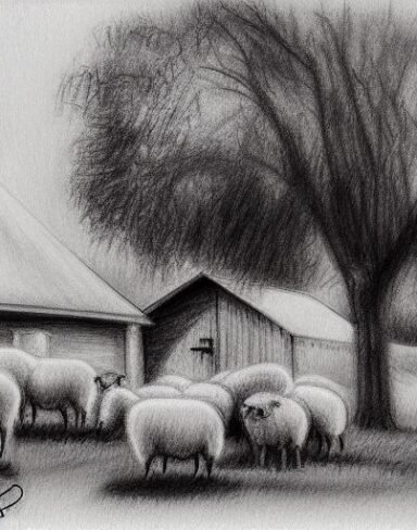 A black and white drawing of sheep in front of one barn with trees