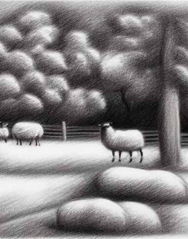 A black and white drawing of sheep in front of the barn with trees